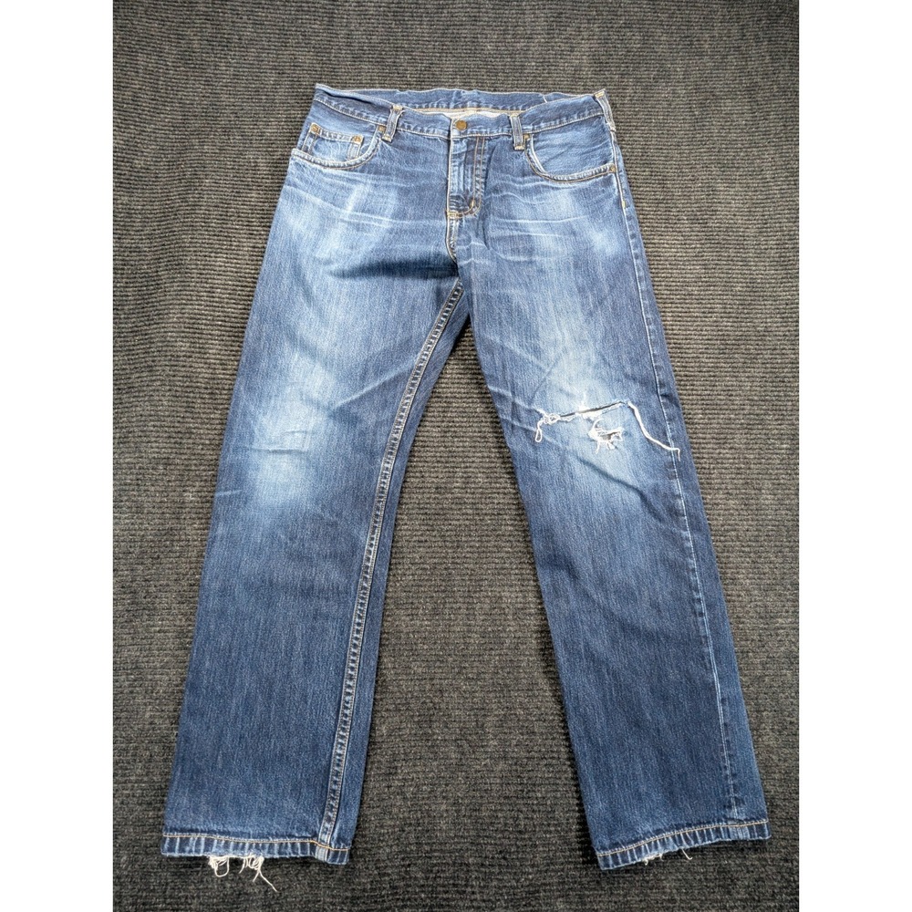 Carhartt Slim Fit Jeans Mens 33x32 Blue Distressed Denim Cotton Straight Leg